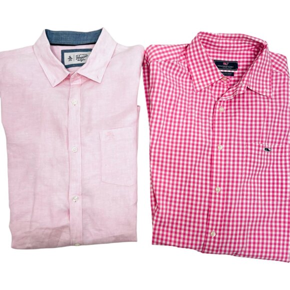 Men Shirts Button: VINEYARD VINES Pink White Check Med +Penguine Pink Lg (79) - Picture 3 of 13